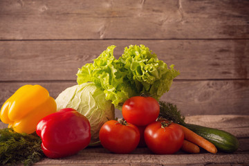 vegetables on a wooden surface