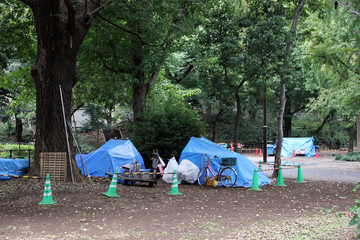 Homeless people's tents in Tokyo, Japan