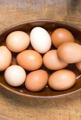 Organic, free-range eggs in terracotta bowl