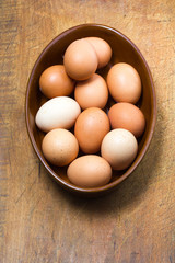 Organic, free-range eggs in terracotta bowl