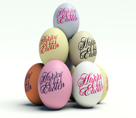 Pile of vertical Easter eggs with the inscription Happy Easter.