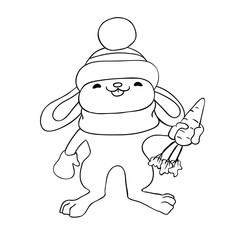children's coloring book, cheerful bunny with a carrot for a wal