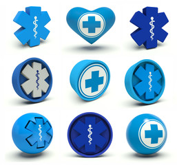 Set of first aid medical cross and Rod of Asclepius signs.