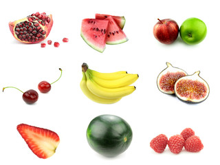 Various fruits on white background.