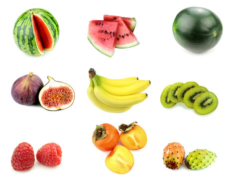 Various fruits on white background.
