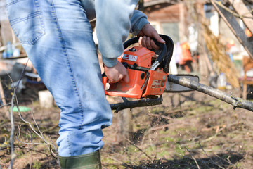 Obraz premium Lumberjack working with chainsaw, cutting wood. Selective focus