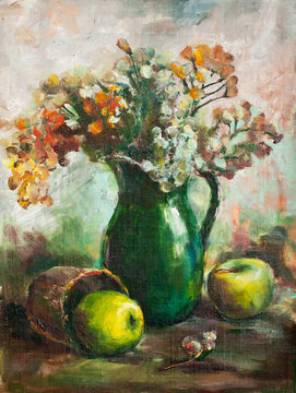 Oil painting. Still life with two apples and jug