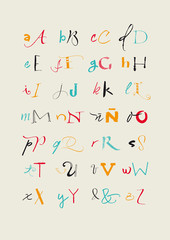 Calligraphic hand written uppercase and lowercase alphabet