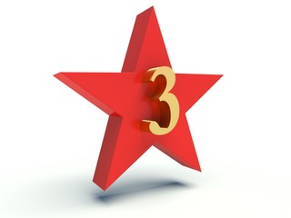 Number three on star. 3d render illustration.