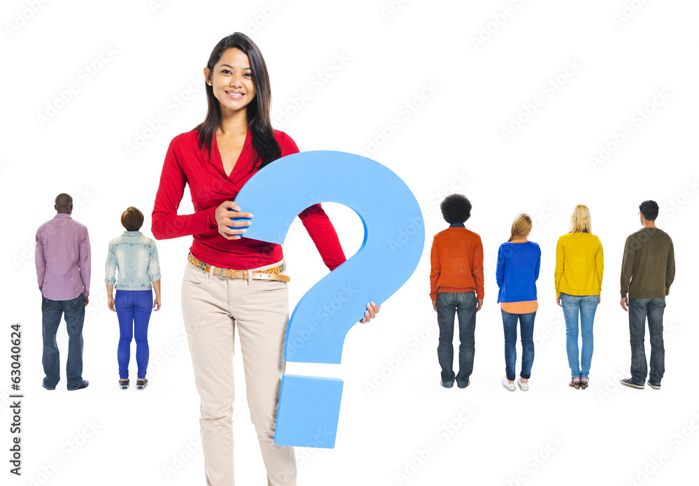 Wall mural asian woman holding question mark with group of people - Wall murals
