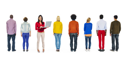 Fototapeta premium Back View of Multi-Ethnic People and a Woman Computer Networking