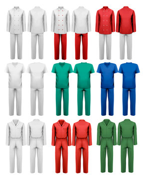 Set of overalls with worker. Design template. Vector illustratio