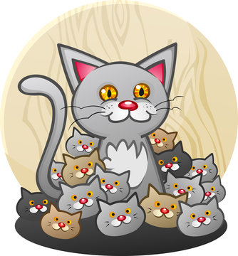 A Mother Cat Cartoon Character with a Litter of Kittens
