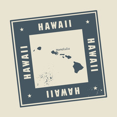 Grunge rubber stamp with name and map of Hawaii, USA