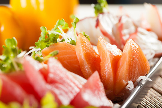 sashimi, raw fish mixed in traditional Japanese style