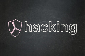 Obraz premium Protection concept: Broken Shield and Hacking on chalkboard