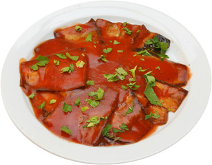 Traditional dish - grilled eggplant with tomato sauce, aubergine