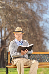 Fototapeta premium Senior sitting on bench and reading book in park
