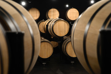 Barrels in a modern winery