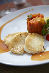 grill fish and tomato sauce in sun light