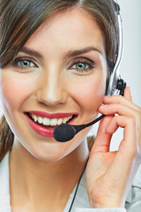 Customer support operator close up portrait.  call center smili
