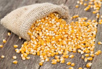 corn in burlap bag on wooden surface