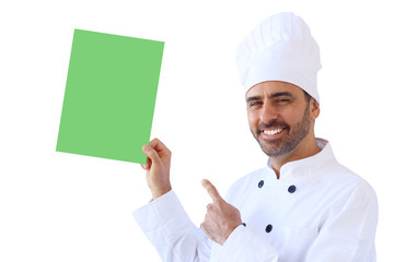 Chef holding up an empty sign in green