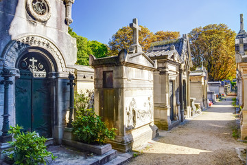 Stone tombs and sepulchers in Montmartre Cemetery, Paris, France