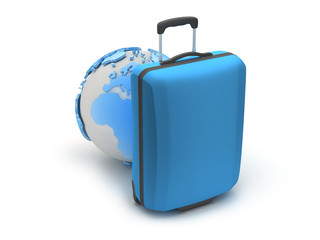 Suitcase and earth globe as travel symbols