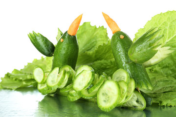 Carving vegetable pattern of hummingbirds close up