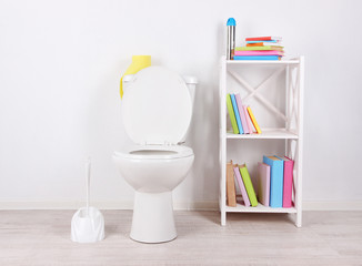 White toilet bowl and stand with books, on color wall