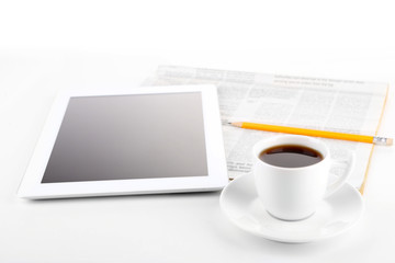 Obraz na płótnie Canvas Tablet, newspaper, cup of coffee and alarm clock, isolated