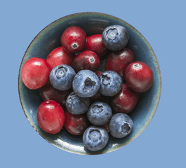 Cranberries and blueberries in blue Bowl , isolated on blue