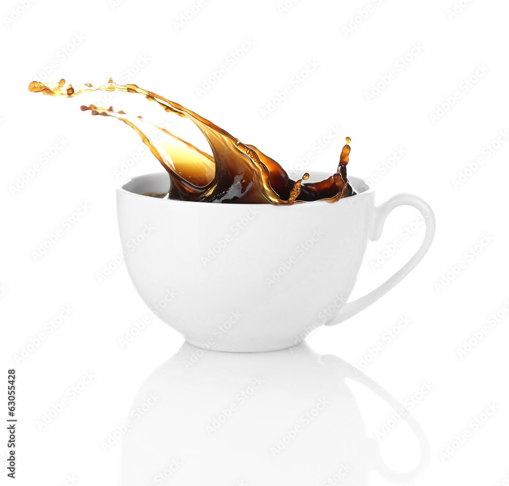 Poster cup of coffee with splash, isolated on white