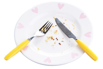 Plate with crumbs and used fork and knife, close-up,
