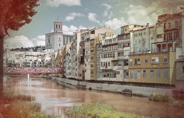 Fototapeta premium Gerona, Costa Brava, Catalonia, Spain: Vintage style cathedral