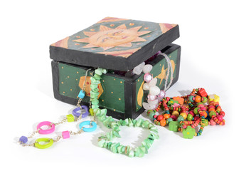 jewelry box with jewelry - Treasure of pearls on white