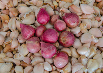pile of bulb onions and garlic