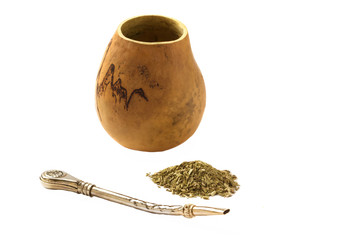 yerba mate calabash and bombilla isolated on white background