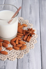 Fototapeta na wymiar Almond milk in jug with almonds in bowl,