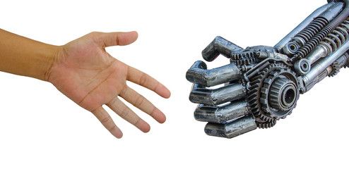 man hand  handshake with cy-ber robot isolated on white backgrou