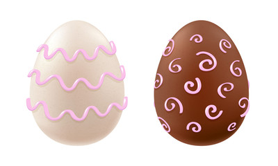 Chocolate eggs of white and dark chocolate with curls and waves.