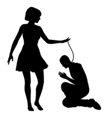 Humiliation. Woman treating man like slave - obrazy, fototapety, plakaty