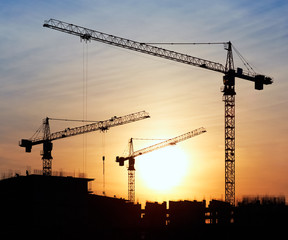 Silhouettes of construction cranes against the evening sky