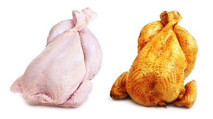 Whole chicken roast and fresh isolated on white background.