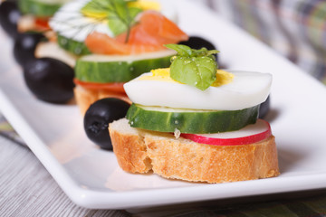 canape with boiled egg, cucumber, radish, basil. macro