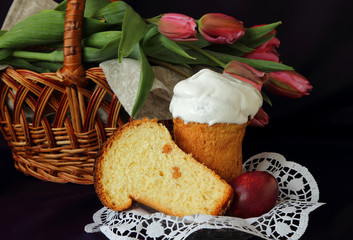 Tulips in the basket, Easter cake and eggs