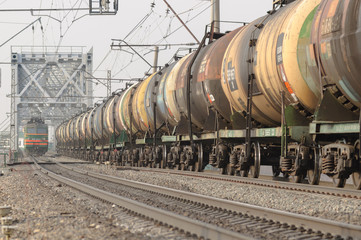 A train of tank cars in motion