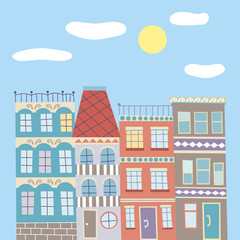 Naklejka premium Cute cartoon vector hand drawn town in bright sunny day