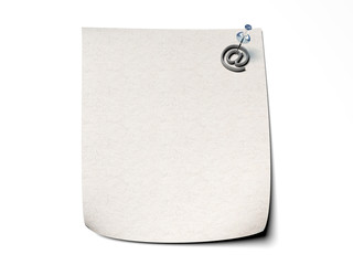 Note paper with a pin and email icon attached - isolated white b